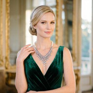 ALI KHAN shimmering silver chevron statement necklace in glass pearls & crystals